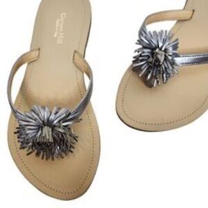 Garnet Hill Made in Italy Flip Flops Silver Metallic Pom Pom Size 10